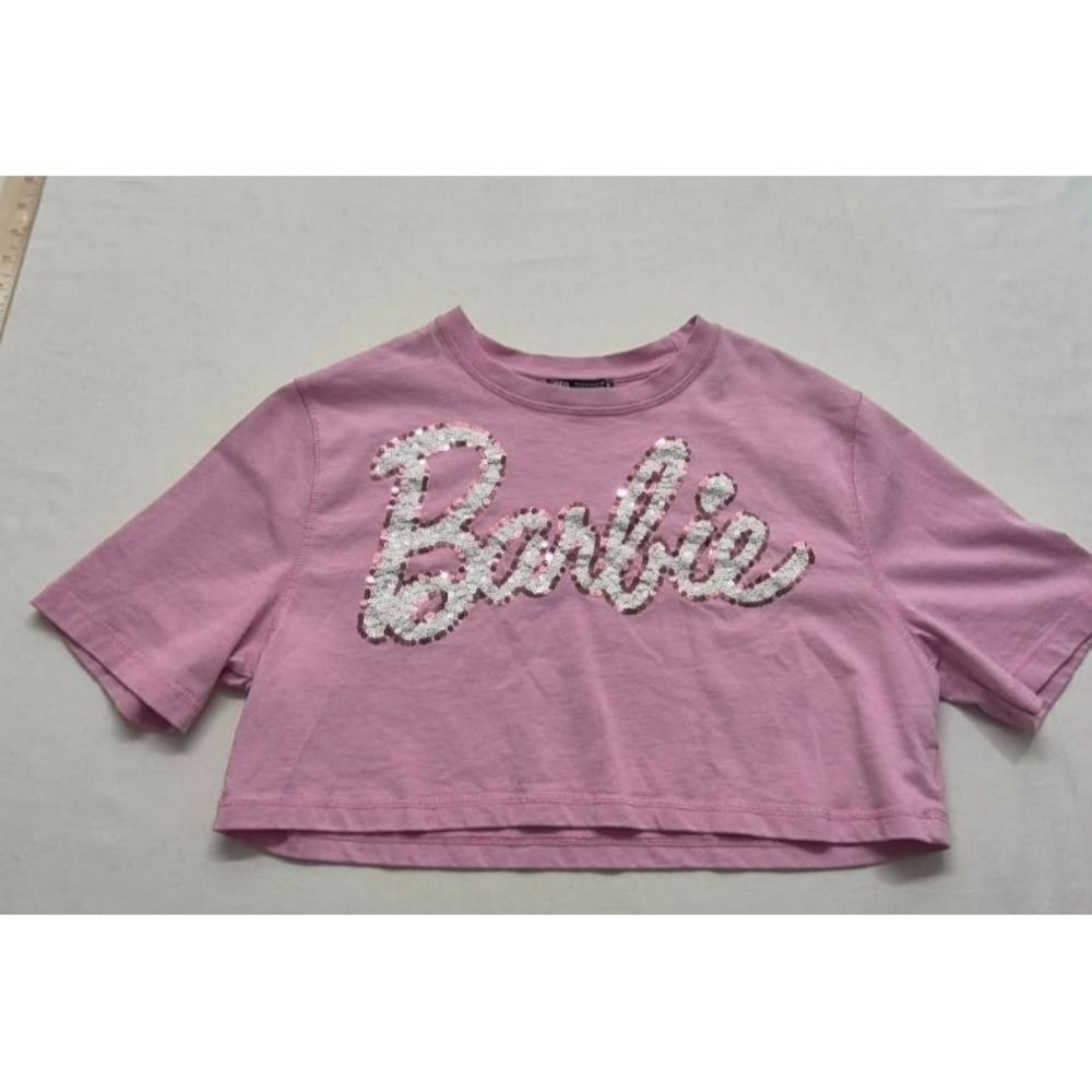 Zara women's Barbie pink cropped t-shirt‎ Medium Limited Edition Sequin Mattel